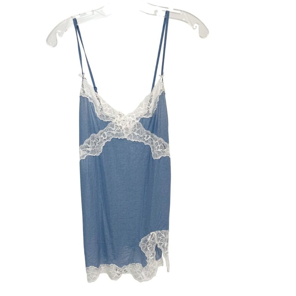 Victoria's Secret Blue White‎ Lace Trim Chemise Slip Dress Lingerie Lounge SMALL